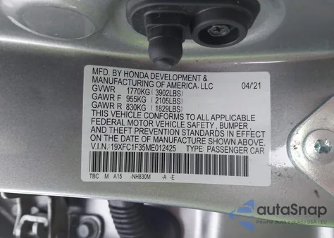 2021 Honda Civic Ex z USA, uszkodzony, nr VIN 19XFC1F35ME012425